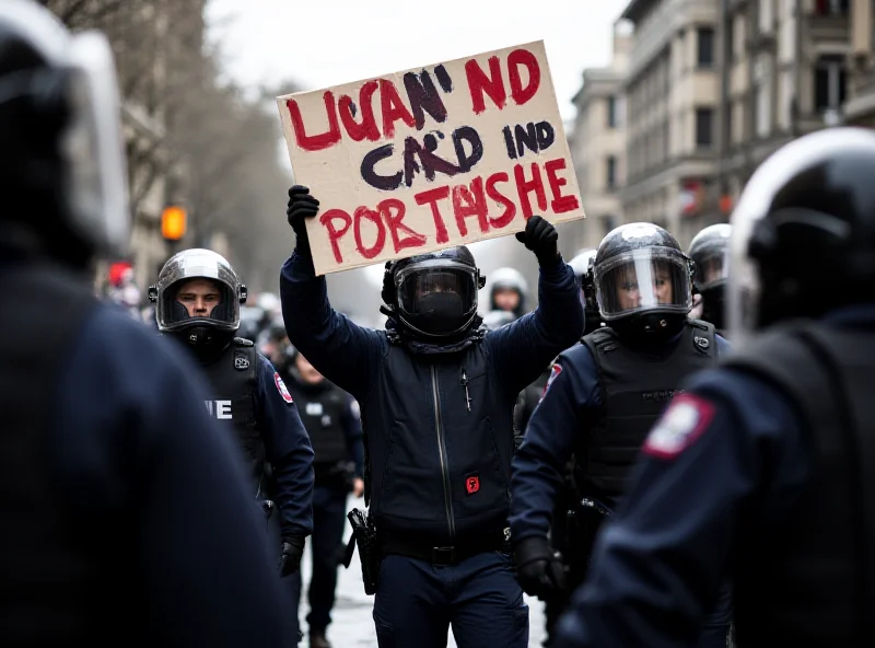 A dynamic scene of a protest in Messina, Italy, with demonstrators holding signs and banners opposing the 'No Ponte' construction project. In the background, police officers in riot gear are visible, maintaining order.