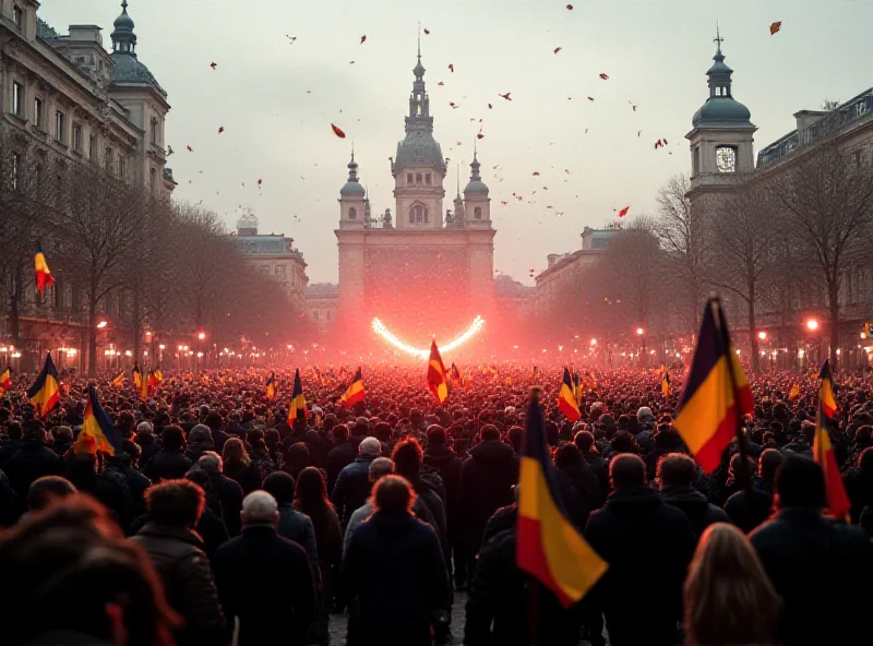 A wide shot of University Square in Bucharest, Romania, filled with thousands of people demonstrating in support of Calin Georgescu. Romanian flags are visible, and the atmosphere is charged with energy.