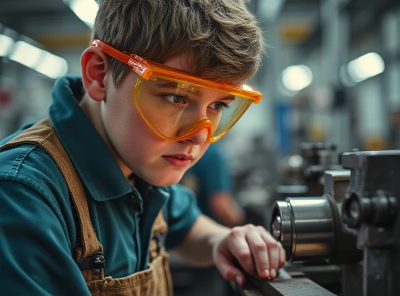 Illustration of a student working with machinery, with safety warnings overlaid.