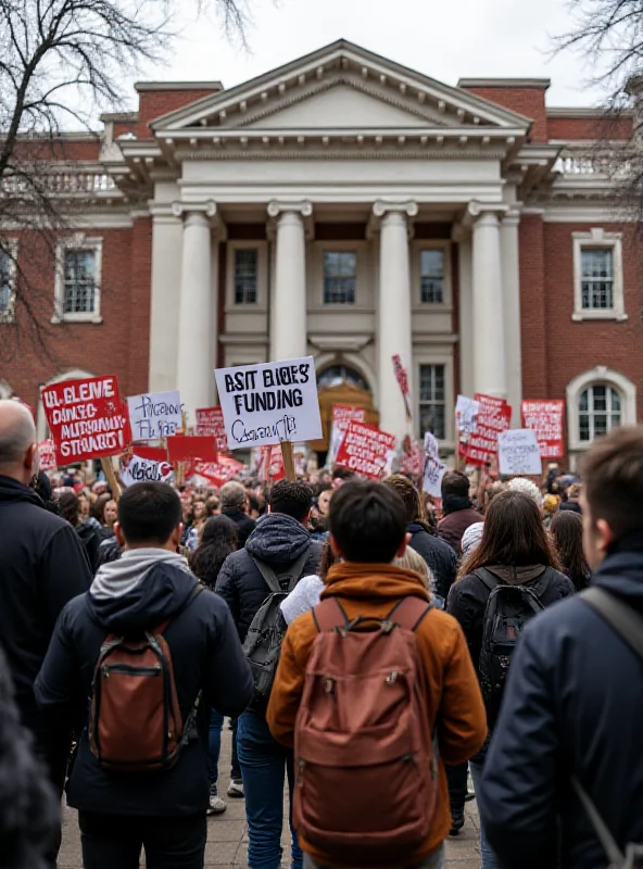 A group of university students protesting with signs and banners in front of a university building.