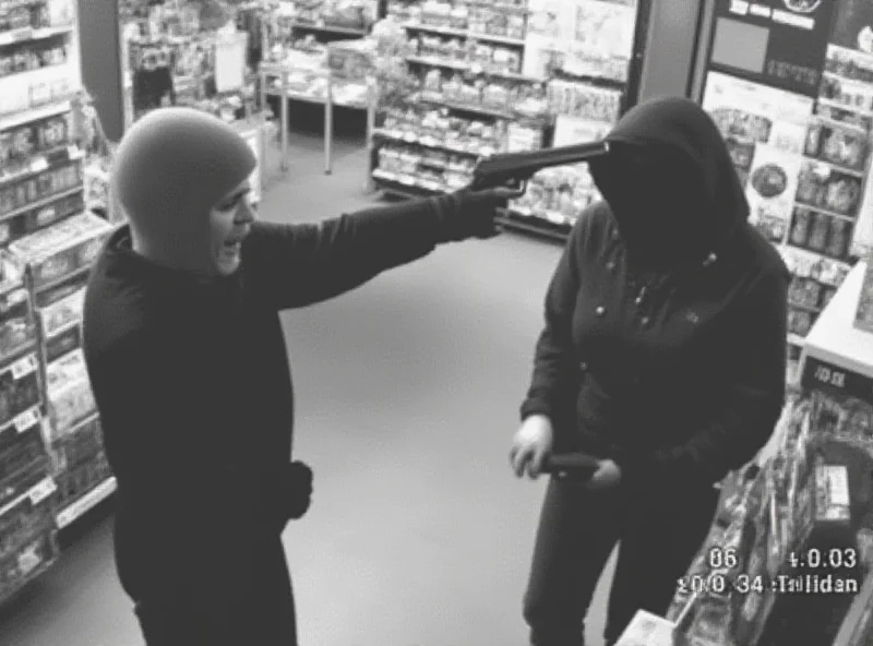 Security camera footage still showing a masked individual robbing a supermarket cash register at gunpoint.