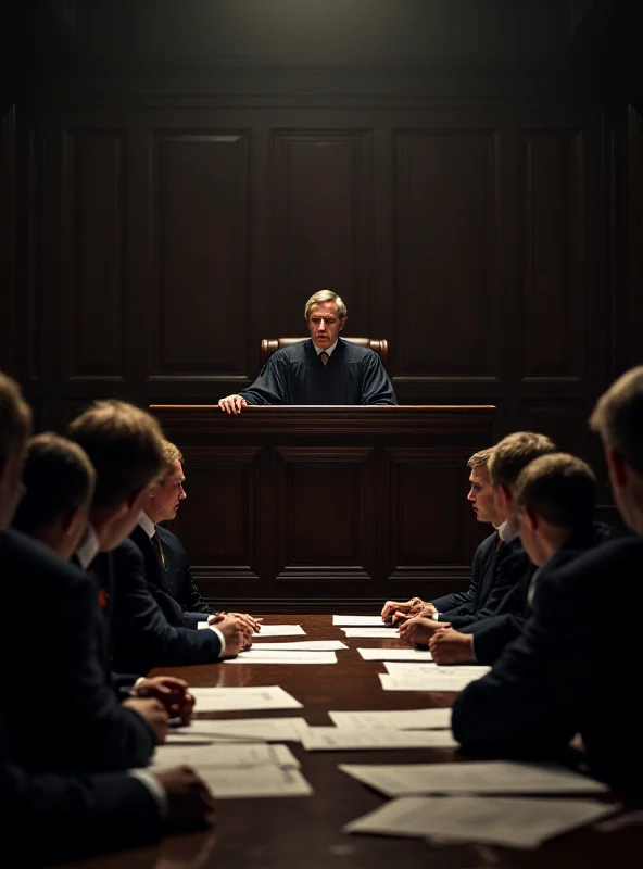 A courtroom scene with a judge and lawyers.