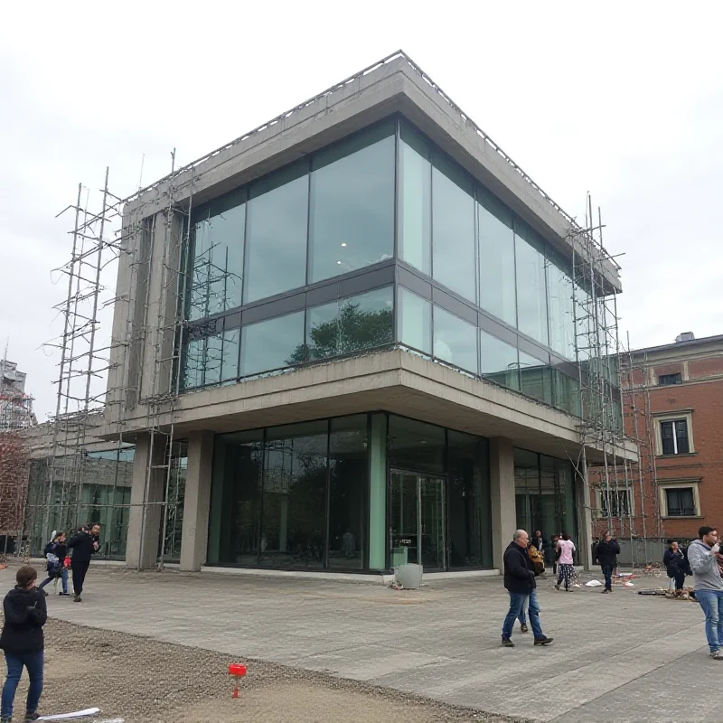 Exterior of the Shoah Museum in Rome under construction, surrounded by scaffolding.