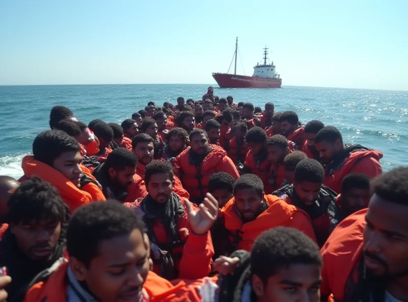 Migrants on a crowded boat at sea, under a bright sun. Some are waving. A coast guard vessel is visible in the background.