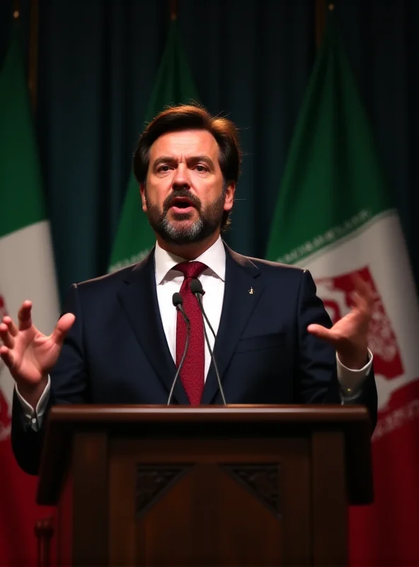 Matteo Salvini speaking at a podium with Italian flags in the background. He appears to be making a passionate statement, gesturing with his hands.