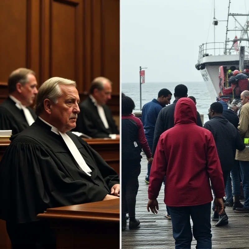 A split image: on one side, a courtroom scene with judges in robes; on the other side, migrants being helped off a coast guard vessel onto a dock.