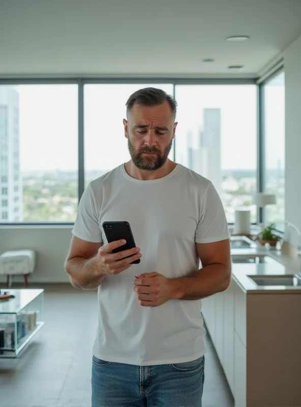 A frustrated looking man in his 30s standing in a modern apartment, holding a phone and looking at the screen with a puzzled expression.