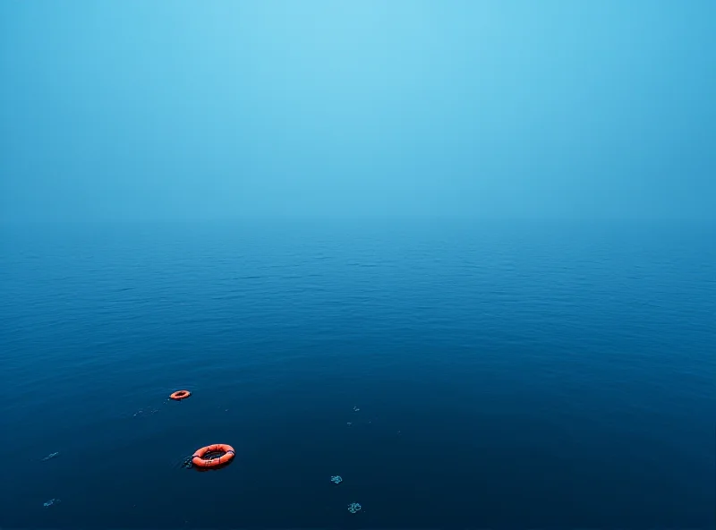 A wide shot of a dark blue sea with a dark horizon, featuring a few scattered orange life jackets floating in the foreground and faint hints of pink algae in the water.