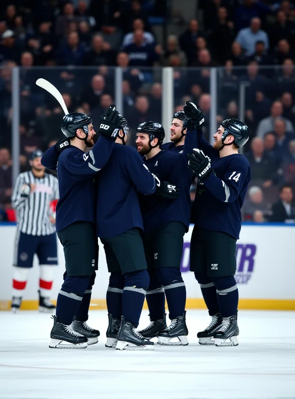 A hockey team celebrating a goal on the ice, wearing dark jerseys.