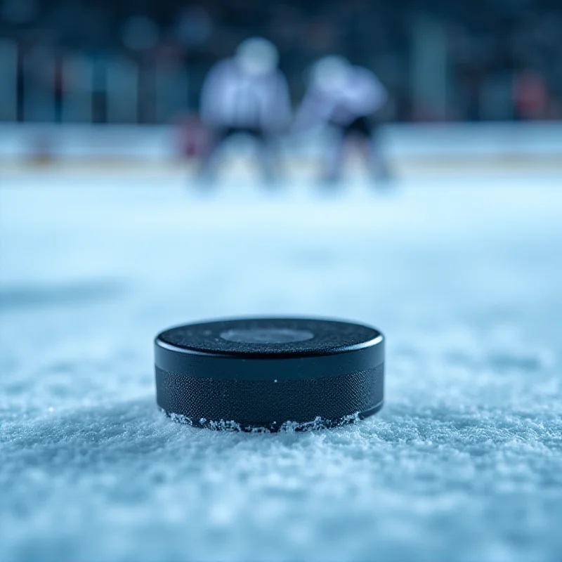 A close-up shot of a hockey puck on the ice.