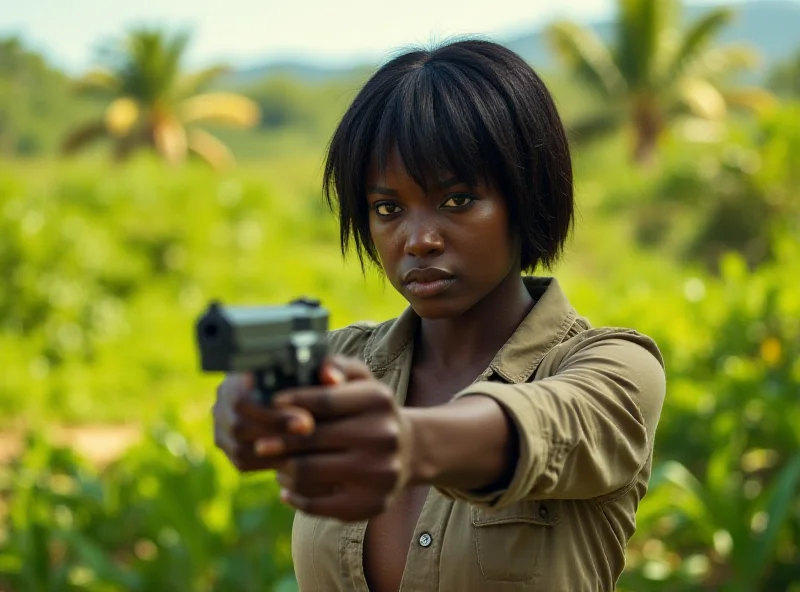 A dramatic scene from the TV show 'Get Millie Black,' featuring Tamara Lawrance as a determined detective in a Jamaican setting.