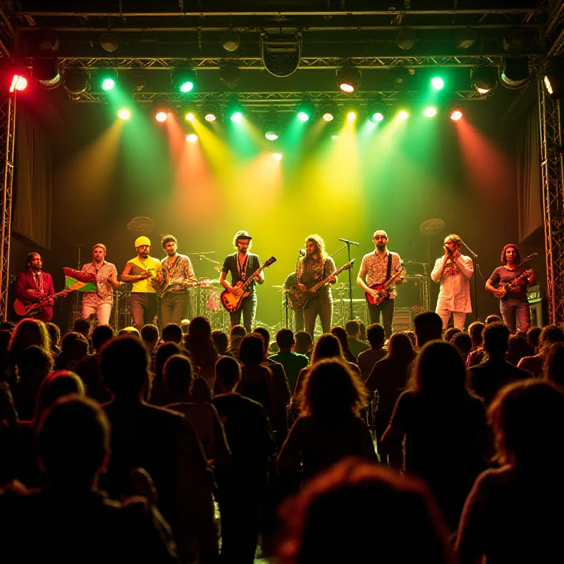 A vibrant and colorful scene from a reggae festival, featuring musicians on stage and a large crowd of people dancing and enjoying the music.