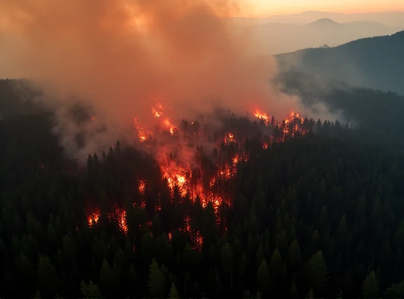 Aerial view of a large wildfire burning in a forest in Japan.