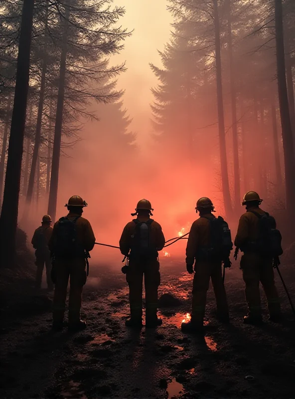 Firefighters battling a wildfire in a dense forest in Japan, with smoke filling the air.