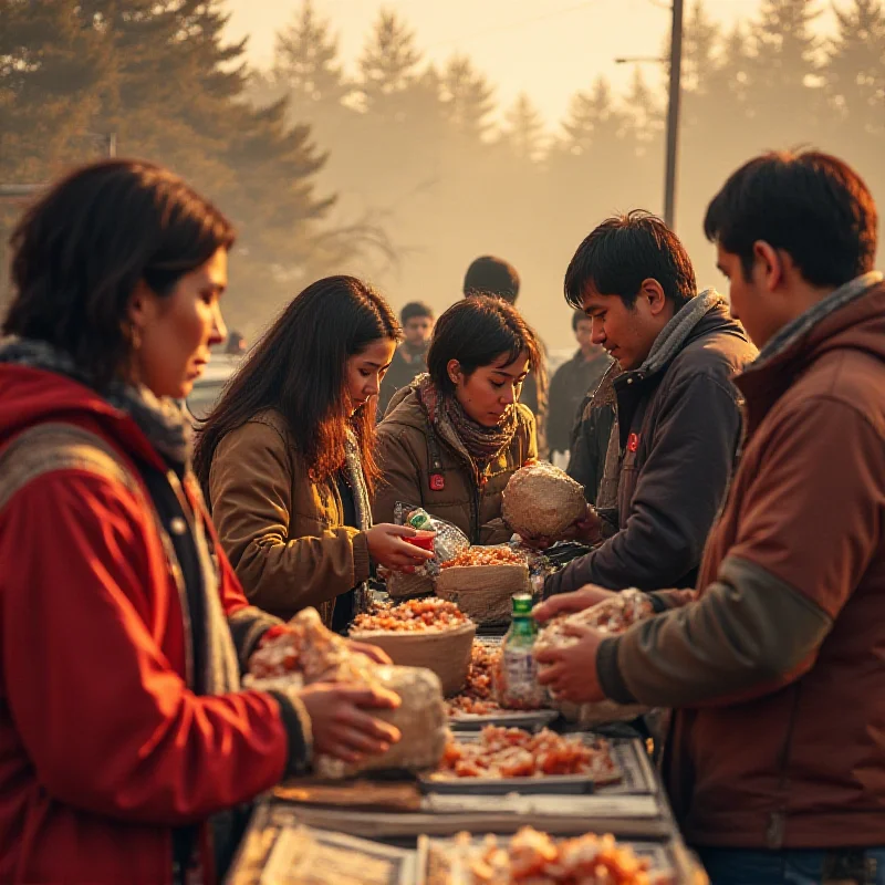 A group of Japanese volunteers distributing food and water to people evacuated from their homes due to a wildfire.