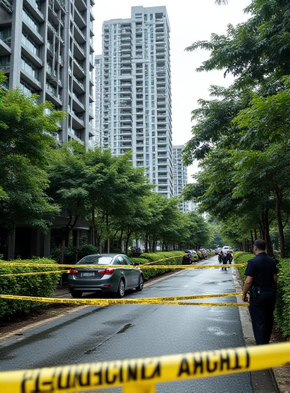 A modern condominium building in Subang Jaya, Malaysia, with police tape surrounding the area.