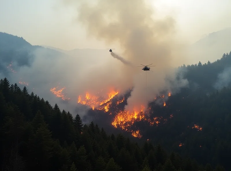 Aerial view of a large forest fire in a mountainous region. Smoke billows into the sky.