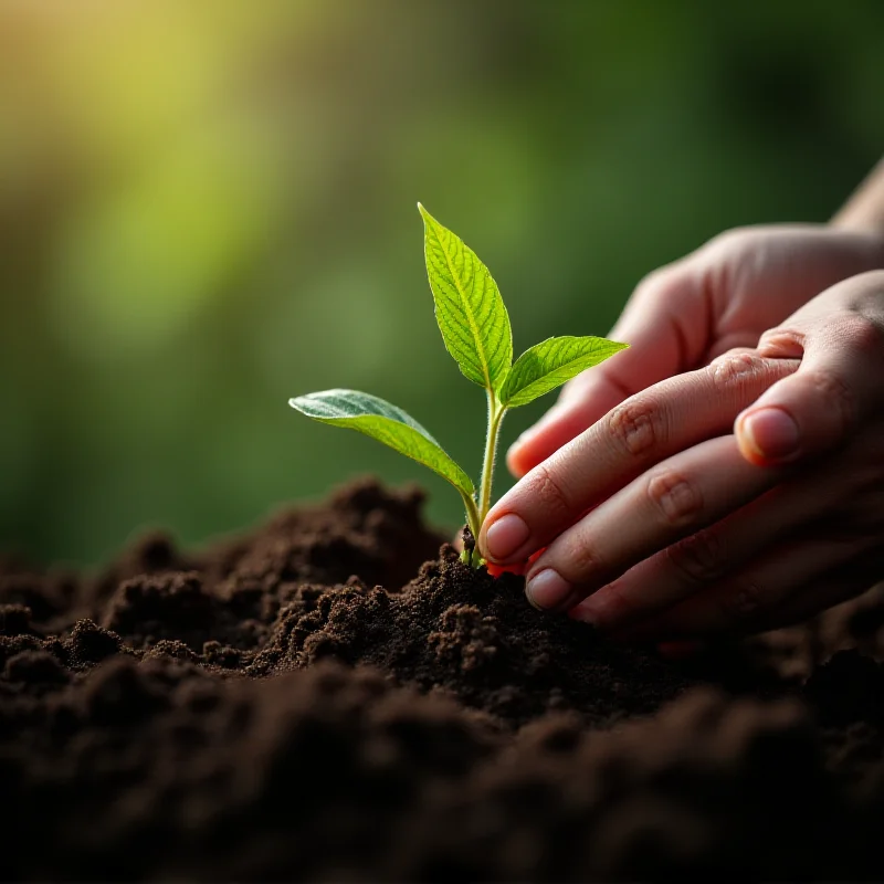 Close-up shot of a person's hands carefully planting a seedling in fertile soil, symbolizing growth and new beginnings.