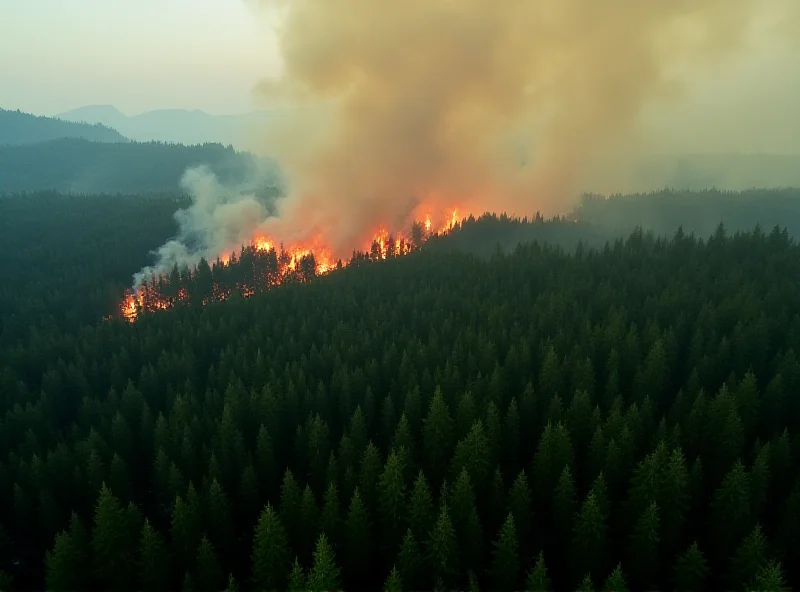 Aerial view of a wildfire burning through a forest in Japan.