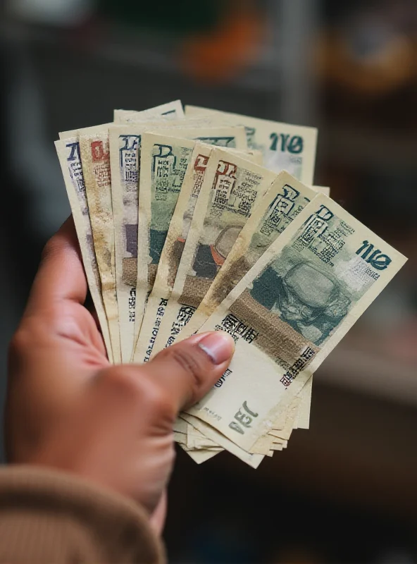 Close up of Japanese Yen banknotes being held out in a gesture of offering.