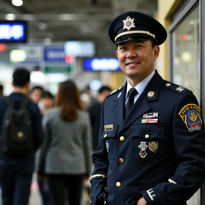 A Japanese police officer standing next to a lost and found box at a train station in Tokyo.