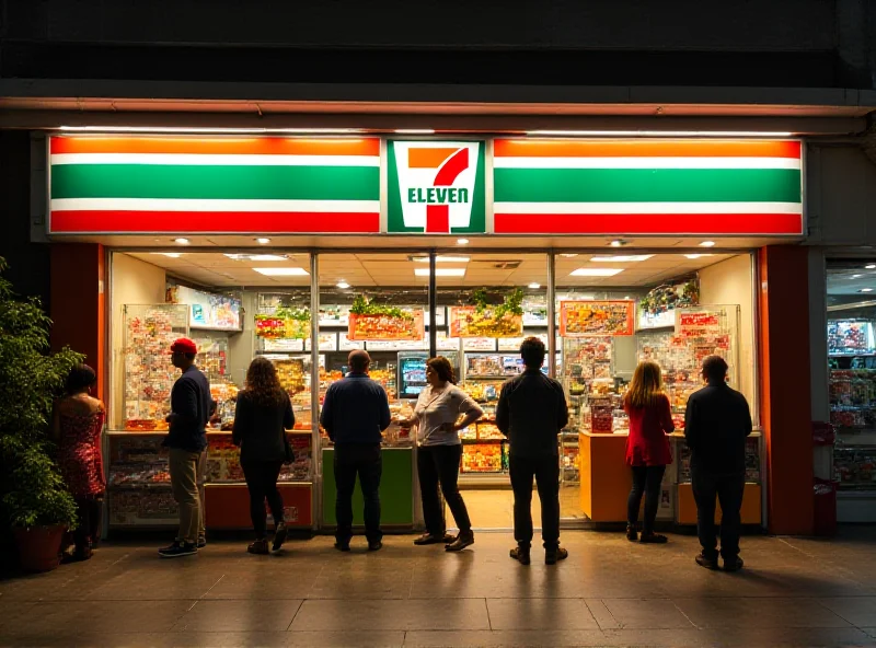 A 7-Eleven store front with people going in and out