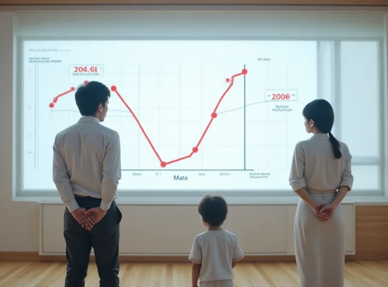 Image of a concerned Japanese family looking at a graph showing a declining birth rate.