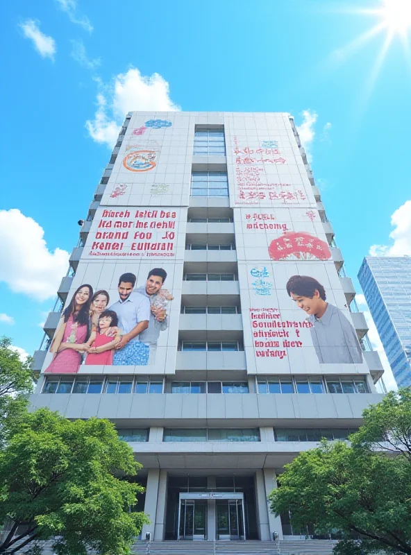 Image of a government building in Tokyo with banners promoting family-friendly policies.