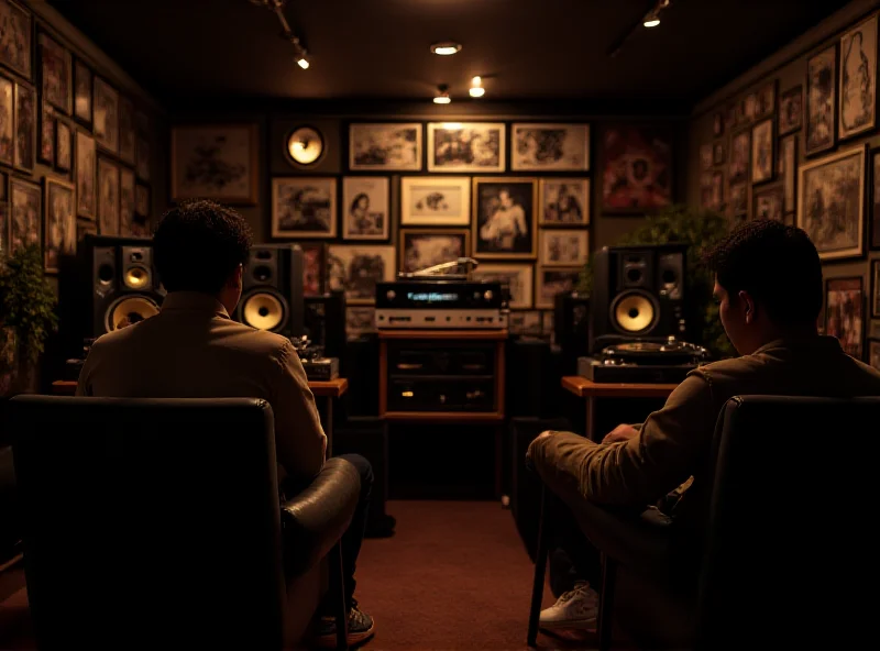 Interior of a Japanese listening lounge with vintage stereo equipment and people listening to music.