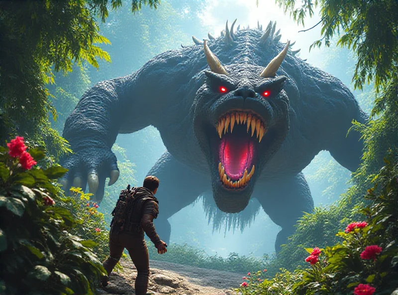 Monster Hunter character facing a large monster in a lush, vibrant jungle environment.