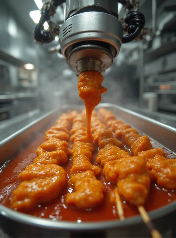 Close-up of yakitori skewers being prepared in a commercial kitchen setting.