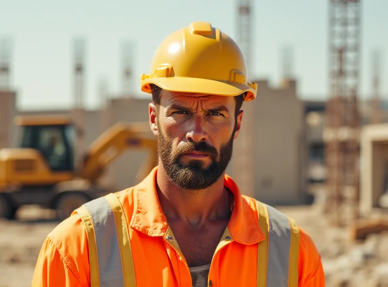 Jason Statham looking serious in a construction worker outfit, standing in front of a building site.