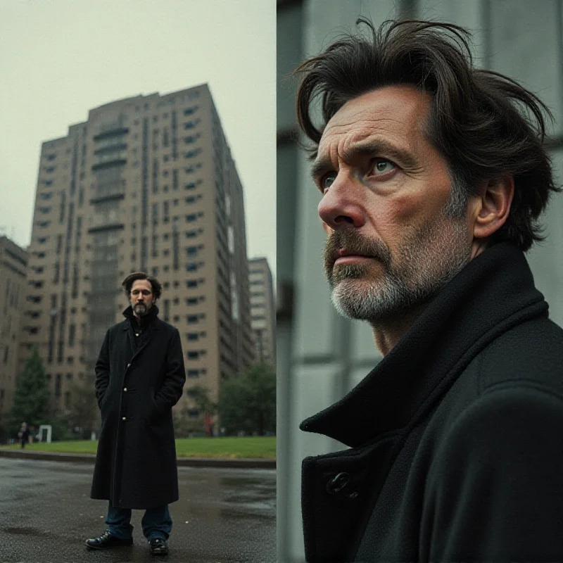 A collage showing a still from the film Brutalist alongside a portrait of a Slovak architect.