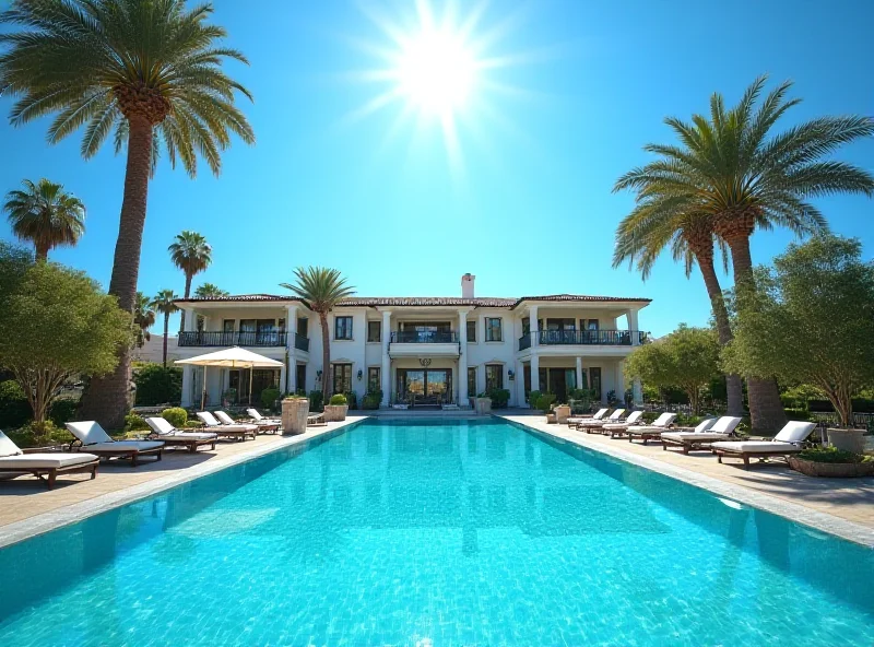 A luxurious mansion in California with palm trees and a swimming pool, representing Diddy's property.