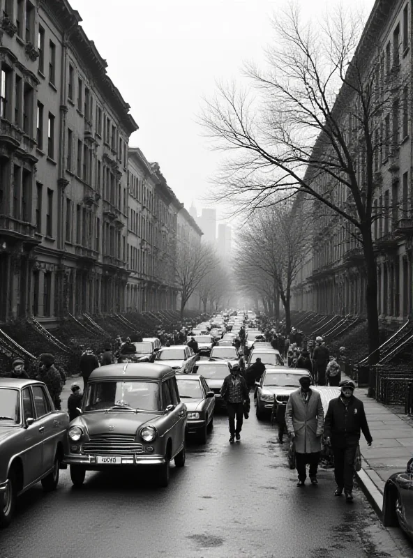 A vintage photograph of Brooklyn, New York, featuring a bustling street scene with old cars and pedestrians.