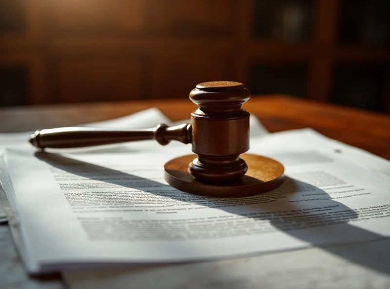 A gavel resting on a stack of legal documents in a courtroom setting.