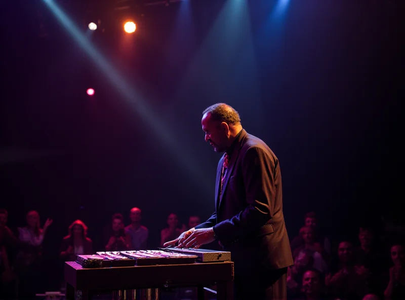 Roy Ayers performing on his vibraphone, smiling at the audience.