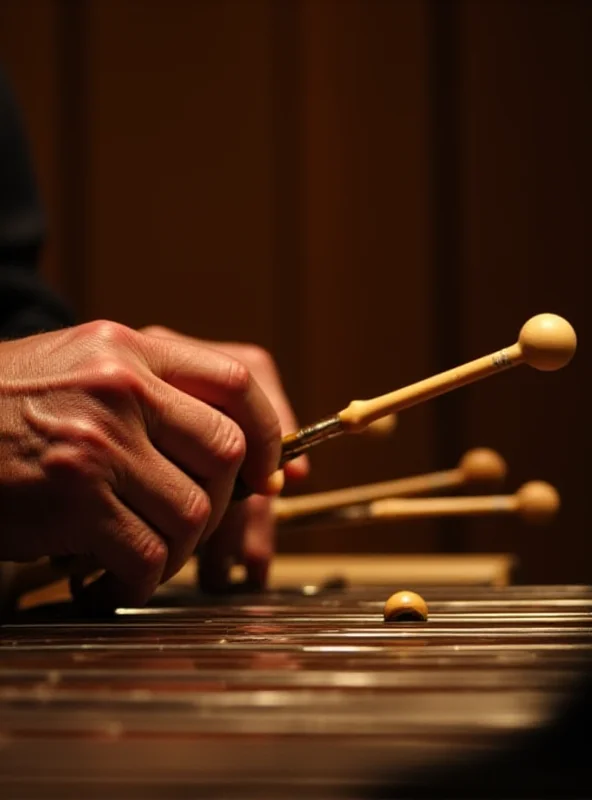 A close-up of Roy Ayers' hands playing the vibraphone, focusing on the mallets striking the keys.