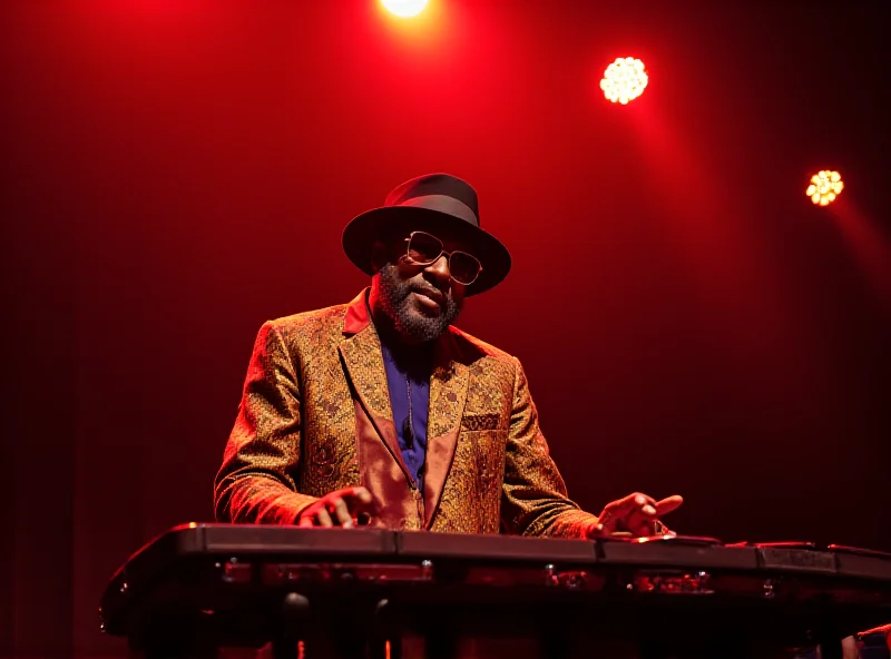 Roy Ayers performing on stage with his vibraphone, bathed in warm stage lighting.