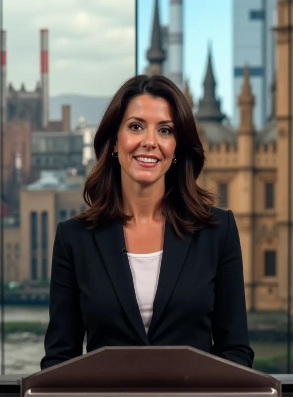 A split image. On one side, a determined Rachel Reeves speaking at a podium. On the other side, a revitalized industrial town with factories and workers. The overall mood is optimistic and forward-looking.