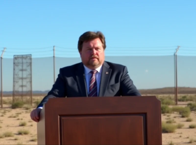 JD Vance speaking at a podium with the US-Mexico border visible in the background.