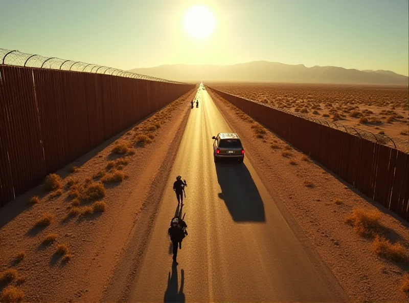 A depiction of the US-Mexico border fence with armed border patrol officers standing guard.