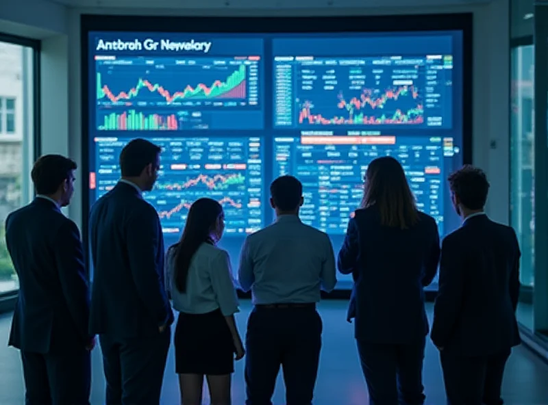 A group of diverse financial analysts reviewing market data on a large screen in a modern office.