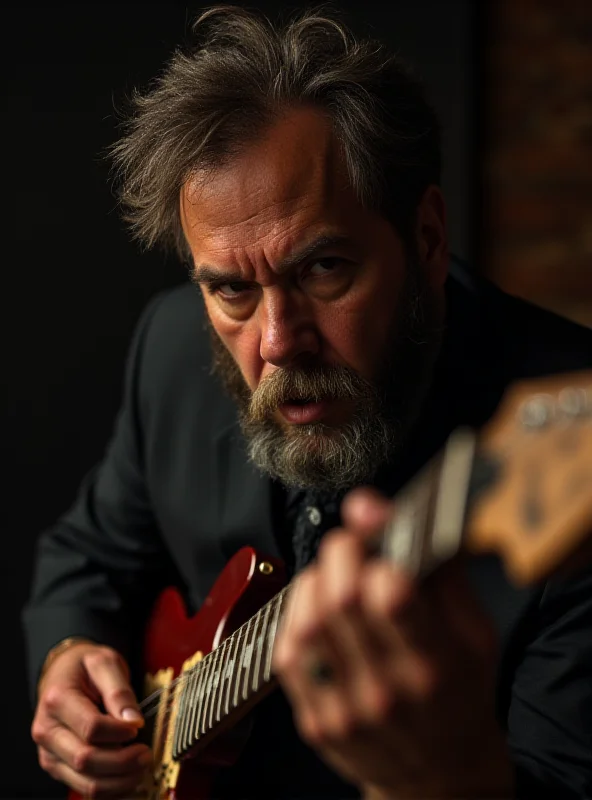 Close-up portrait of Jorge Ilegal playing guitar