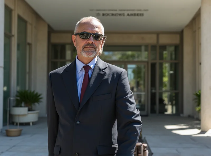 A security guard standing outside a courthouse.