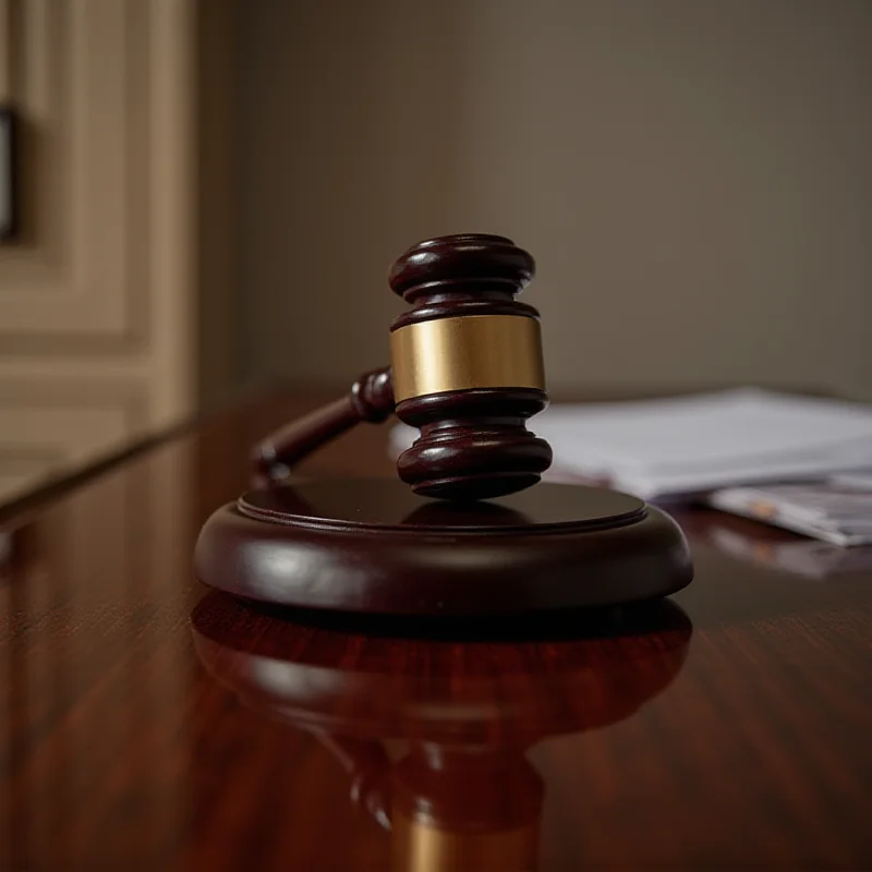 A close-up of a judge's gavel on a wooden desk.