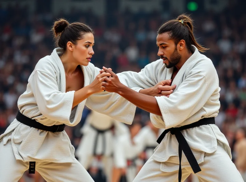 A judo match in progress, showing two athletes in action during a competition.