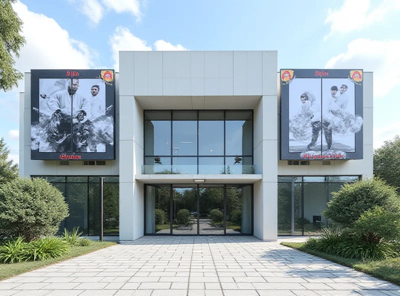 The exterior of the Diyora Keldiyorova Dojo, showing a modern building with judo banners displayed prominently.