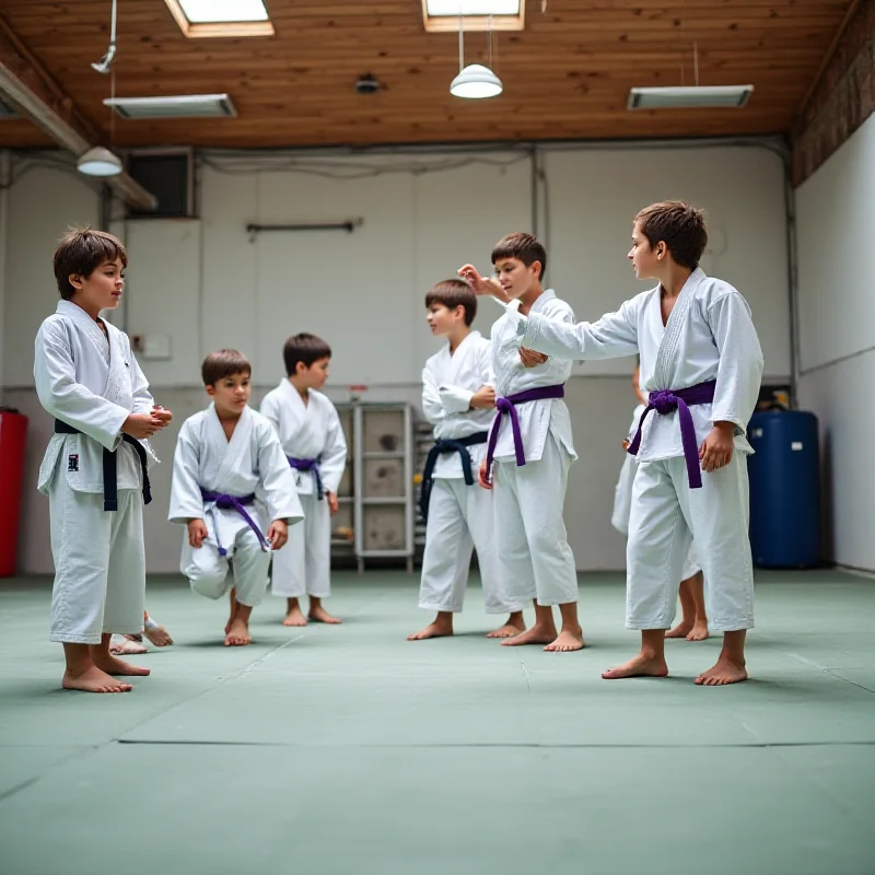 A group of young judo athletes practicing in the Diyora Keldiyorova Dojo, with an instructor guiding them.