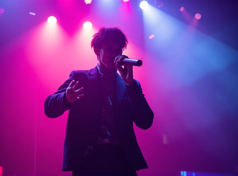 BTS member Jin performing on stage, bathed in colorful lights.